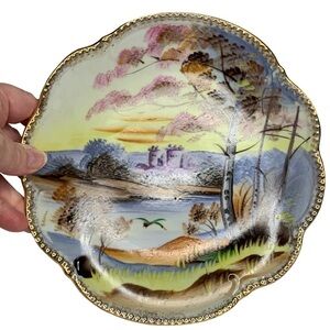 J. Aoki signed Decorative Hand painted Plate / Picture - Castle Lake Scene 8”